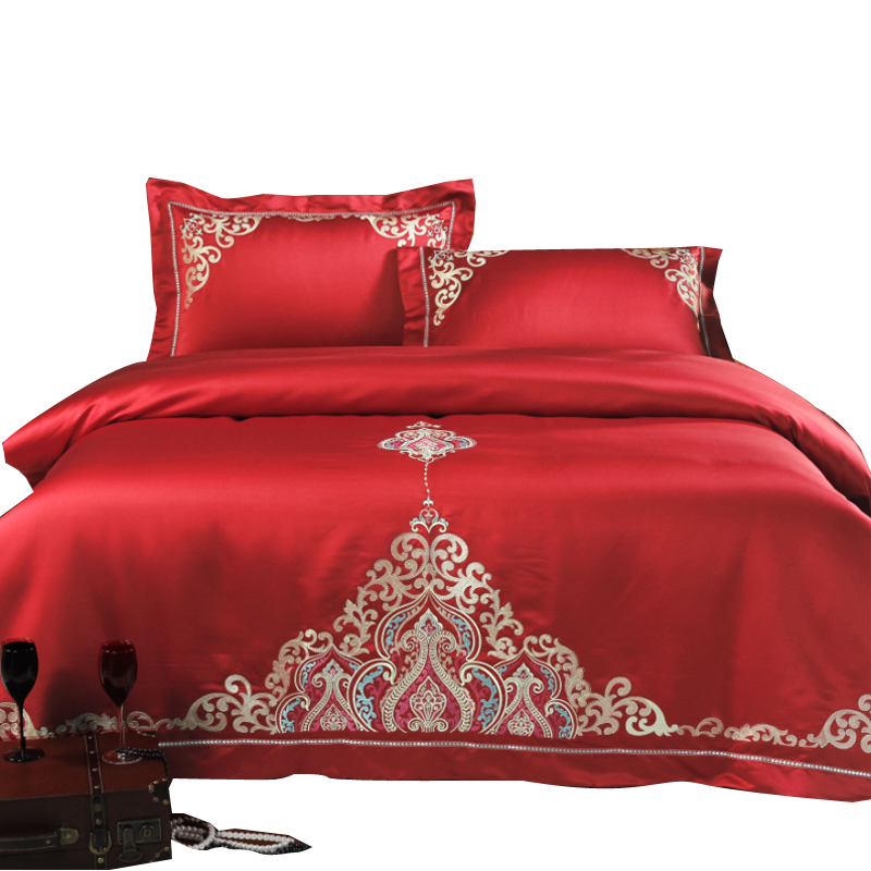 欧式婚庆四件套大红色结婚床上用品长绒棉新婚被套全棉婚礼六件套