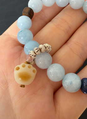浅蓝色玉髓炭烧猫爪新中式女式松紧手链