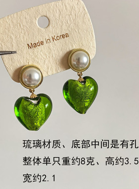 轻奢高级感复古银箔绿色心形耳环设计感新中式爱心生物瓷耳钉耳饰