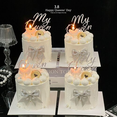 38女神节MyQueen蛋糕装饰套装银灰蝴蝶结亚克力插牌女王烘焙配件 - 图2