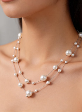 AOSER 仿珍珠项链 春夏新款双层轻奢百搭长款挂脖项饰