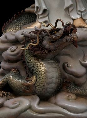 高温着色骑龙观音菩萨佛像摆件