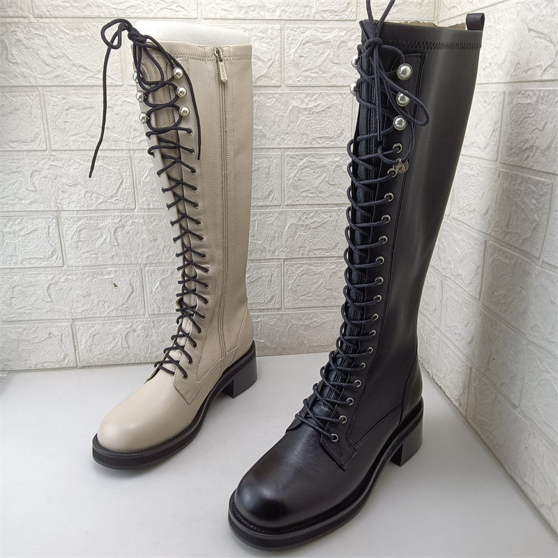 哈森品牌时装粗跟单里牛皮拼接样品高筒长靴骑士靴气质搭配女皮靴,淘宝优惠券,粉丝福利购,淘宝优惠卷