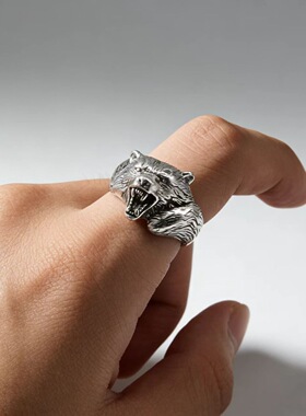 复古俄罗斯狂怒之熊戒指做旧霸气咆哮熊头小众动物世界风男士指环