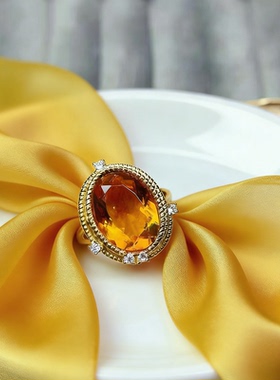 天然黄水晶戒指女夏转运招财花