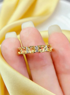 天然黄水晶戒指原矿宝石S925纯银