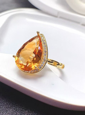 天然黄水晶戒指925纯银镀18K金