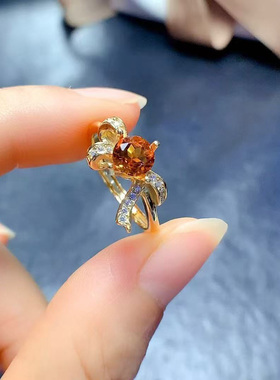 黄水晶戒指女925银精工镶嵌蝴蝶