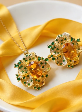 天然黄水晶心形S925银开口戒指