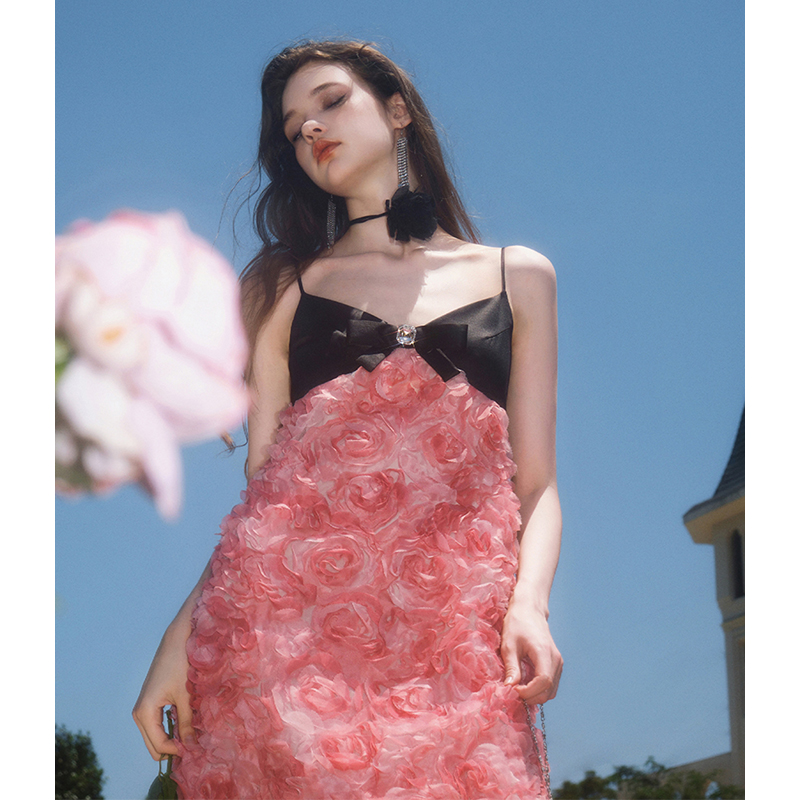 GUO JINGYI时尚拼黑粉红玫瑰吊带长裙连衣裙女CHENSHOP设计师品牌 - 图2