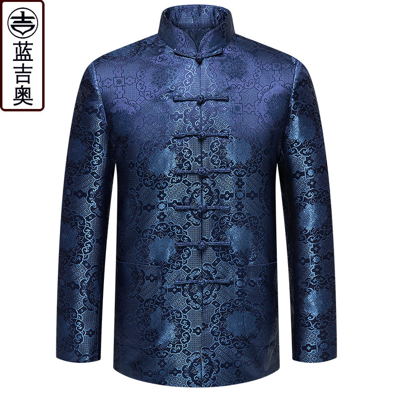 老年人唐装男秋冬中山装中式男装 蓝吉奥民族服装