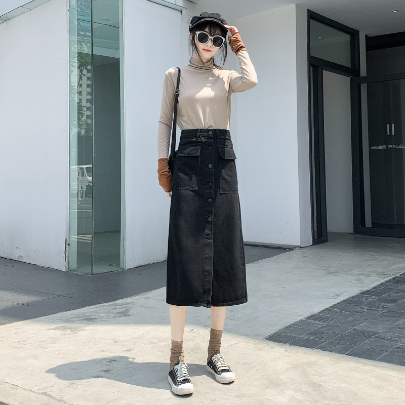 mlisland服饰旗舰店黑色牛仔半身裙女中长款秋冬新款a字高腰显瘦一步包臀长裙子2