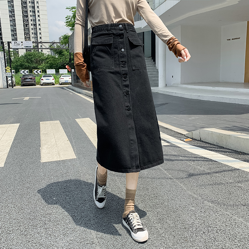 mlisland服饰旗舰店黑色牛仔半身裙女中长款秋冬新款a字高腰显瘦一步包臀长裙子0