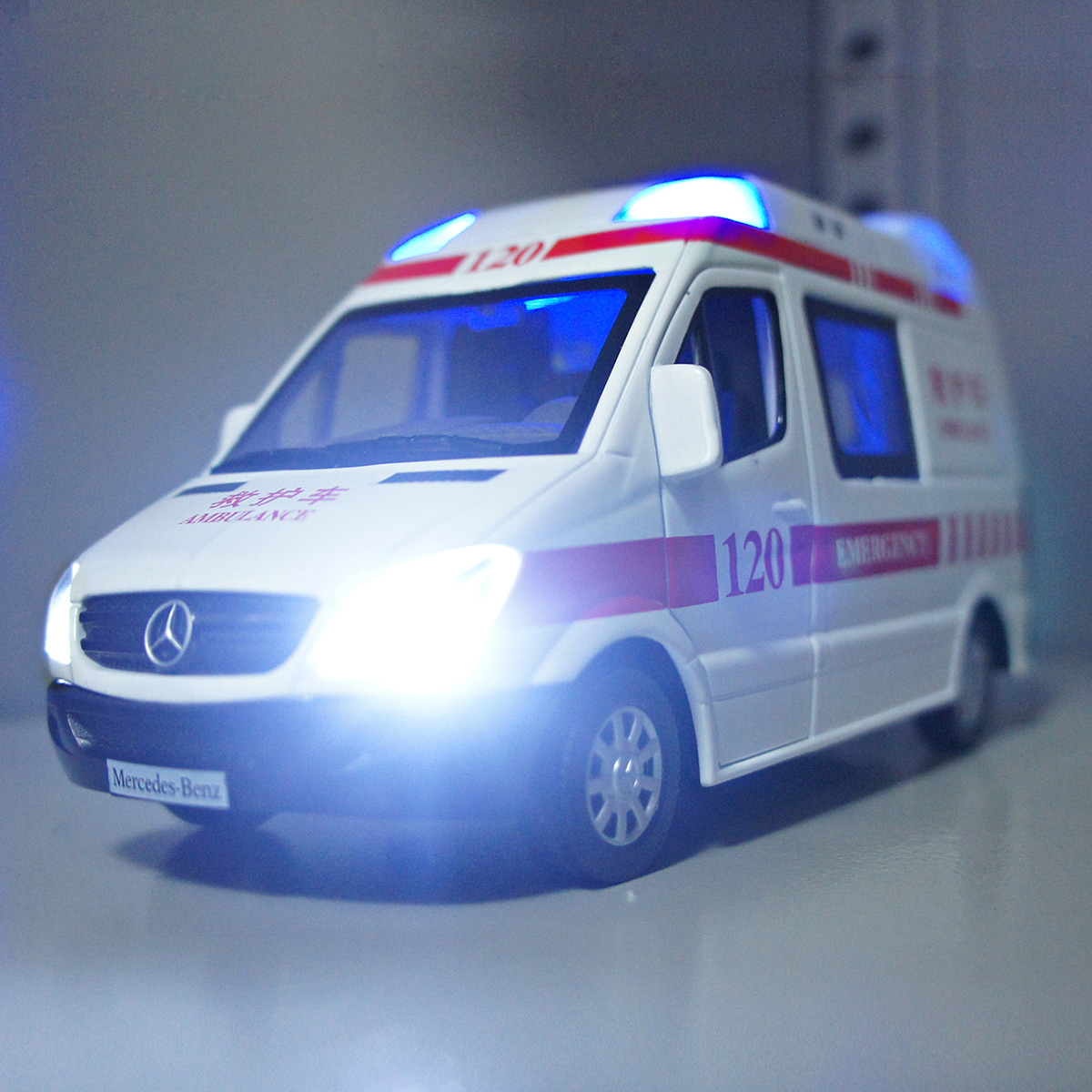 彩珀奔驰成真120救护车急救车110警车声光回力合金汽车模型玩具车-图2