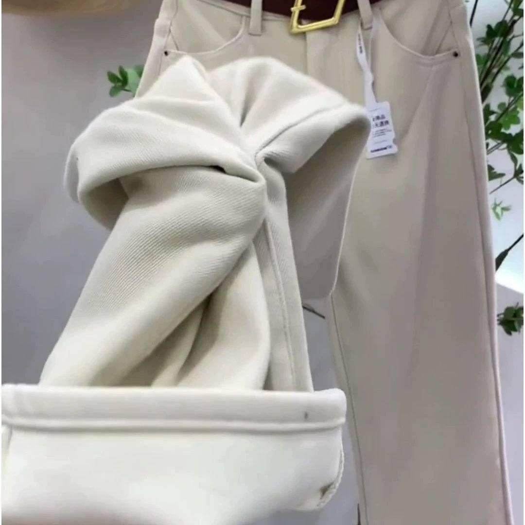 杏色宽松高腰直筒加绒牛仔裤女2026年秋冬新款显瘦加厚窄版阔裤子,淘宝优惠券,粉丝福利购,淘宝优惠卷