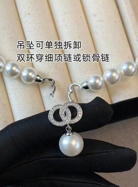 吊坠925银 赫本风正圆强光澳白色珠珠项链女双环颈链锁骨链