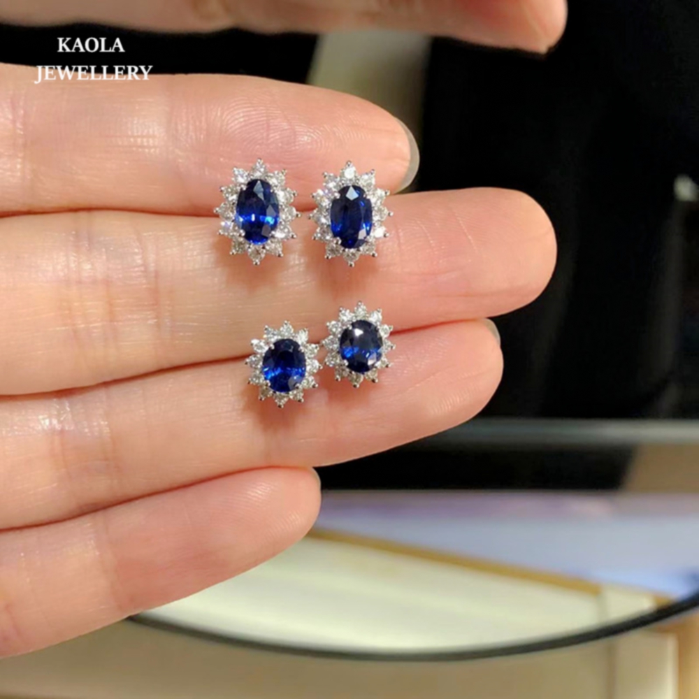戴妃款椭圆蓝宝石耳钉 女红宝石纯银18K金镶钻皇家蓝高级感礼物潮 - 图3