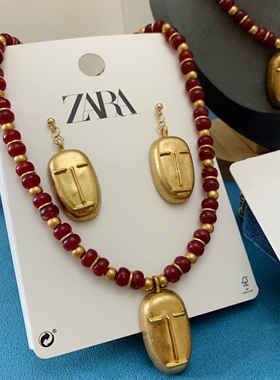 外贸品牌库存ZA中古着项链复古亚光铜镀金石人像耳环颈链独特设计