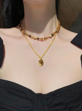 复古虎眼石款天然石串珠项链套装女新款轻奢时尚锁骨链气质毛衣链