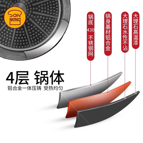 三能大理石不沾炒锅带盖复合金属锅不锈钢家用燃气电磁炉煎锅28cm - 图1