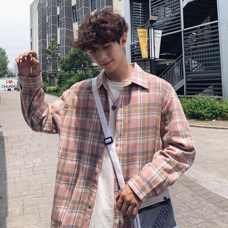 格子男长袖韩版潮牌ins宽松寸衬衫 慕甸衬衫