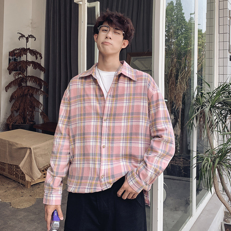 格子男长袖韩版潮牌ins宽松寸衬衫 慕甸衬衫