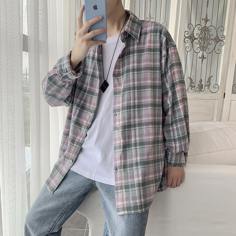 格子长袖韩版潮牌ins男生港风衬衫 慕甸衬衫