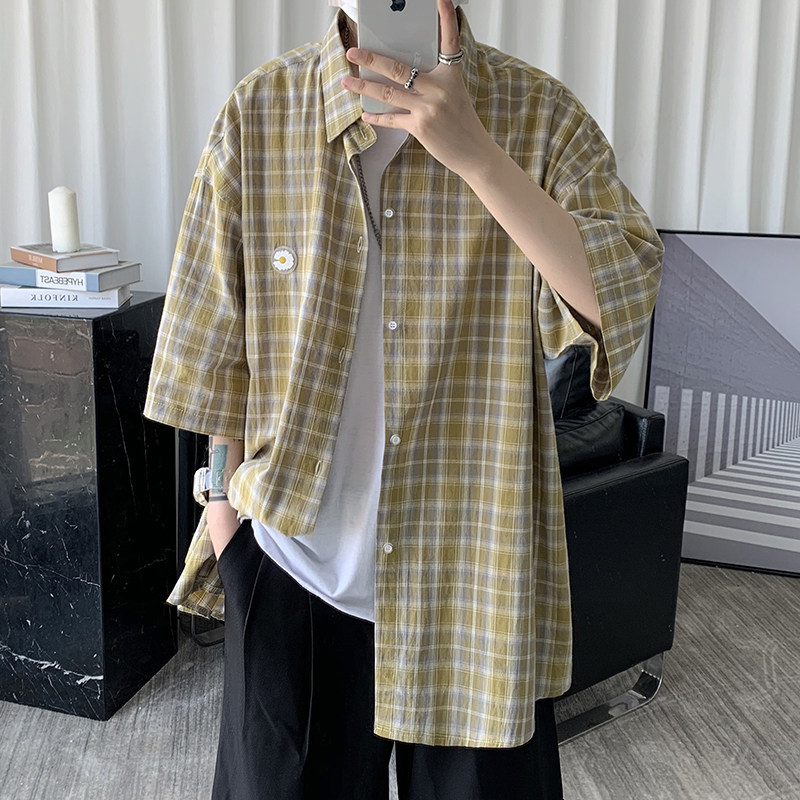 小雏菊格子短袖男ins潮夏季寸衬衫 慕甸衬衫