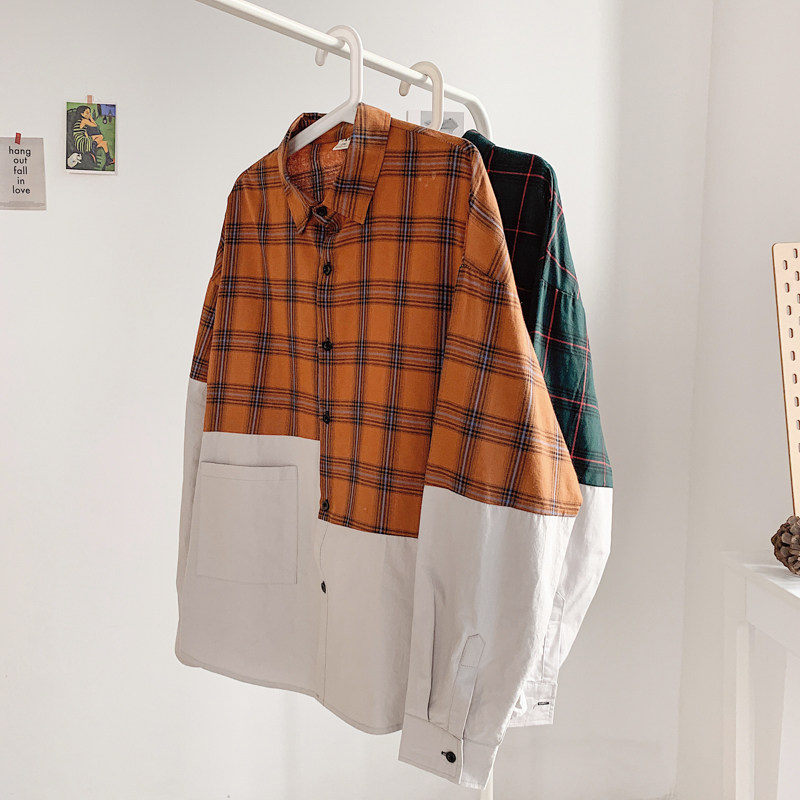 格子男长袖外套ins网红拼色衬衫 慕甸衬衫