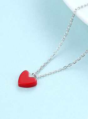 S925银小红心项链女简约气质红松石心形吊坠纯银小众感锁骨链新潮