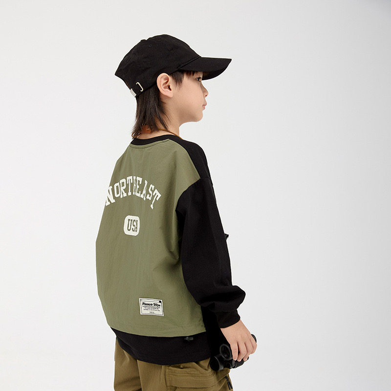 日系拼布假两件户外山系风口袋长袖T恤卫衣 男童秋季圆领拼色上衣,淘宝优惠券,粉丝福利购,淘宝优惠卷