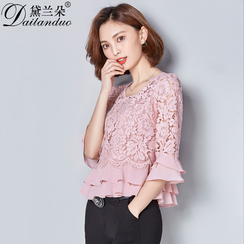 七分袖蕾丝短款2020春装修身女小衫 黛兰朵蕾丝衫/雪纺衫