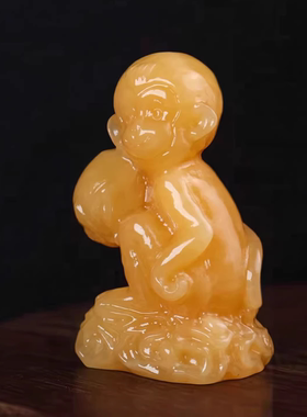 天然玉石生肖猴摆件黄玉灵猴献瑞