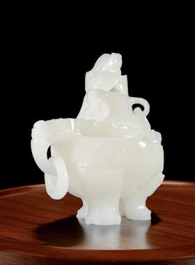 天然白玉石两耳香炉摆件装饰家居