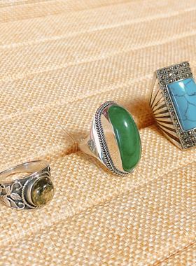 尼泊尔天然宝石宽面琥珀戒指包邮