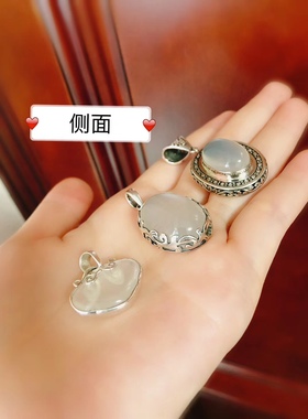 尼泊尔天然玉髓吊坠925纯银花边蛋白石爱心长命锁经典百搭