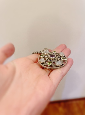 尼泊尔进口天然彩宝吊坠925纯银手工月光石紫晶托帕石橄榄石毛衣