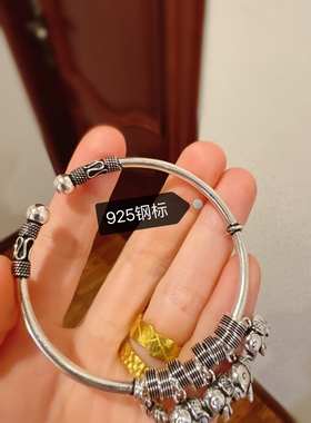 925纯银泰国手工开口镯大象手镯五只小象手镯吉象复古进口做工