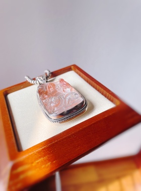 尼泊尔进口天然红兔毛吊坠观音佛头吊坠925纯银手工莲花毛衣坠