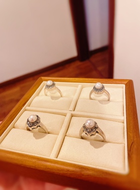 尼泊尔进口天然珍珠戒指925纯银手工银优雅珍珠马赛克长辈礼物