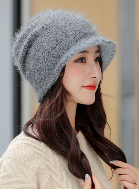 兔毛女秋冬圆脸适合鸭舌针织帽子