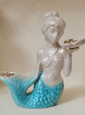 外贸出口布鲁瓷天使烛台陶瓷摆件家居装饰珍珠釉面美人鱼造景