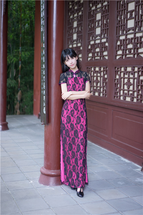 新款女改良蕾丝长款高开叉旗袍性感DS夜店年会舞蹈舞台装表演服装_虎窝淘