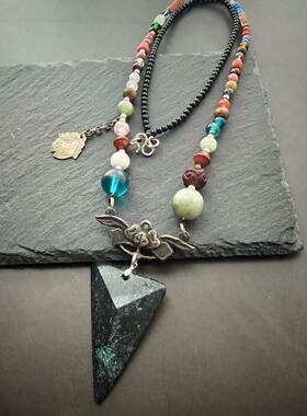 月末魔羯。原创。|黑武士| 老银立体花。绿松石大三角坠。项链