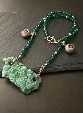 月末魔羯。原创。|绿又绿| 天然绿松石双孔件。老银坠子。项链