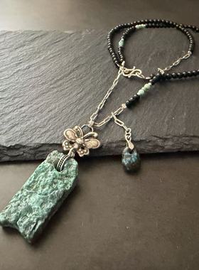 月末魔羯。原创。|飞| 老银蝴蝶扣。绿松石小牌。黑玛瑙珠。项链