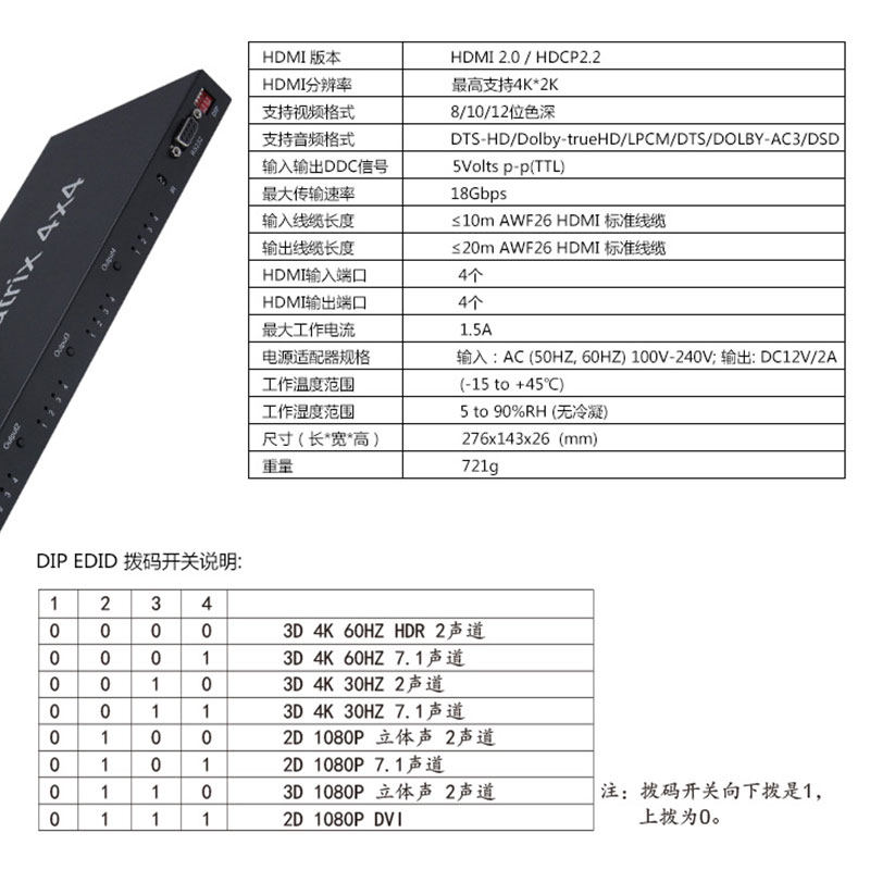 hdmi矩阵4进4出矩阵2.0高清4k60hz四进四出切换分配器 - 图2