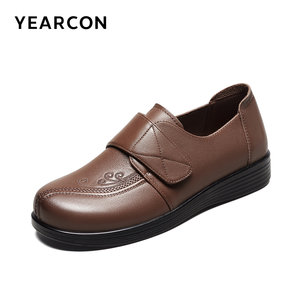 意尔康女鞋春秋季深口真皮妈妈单鞋中老年皮鞋平底舒适软底母亲