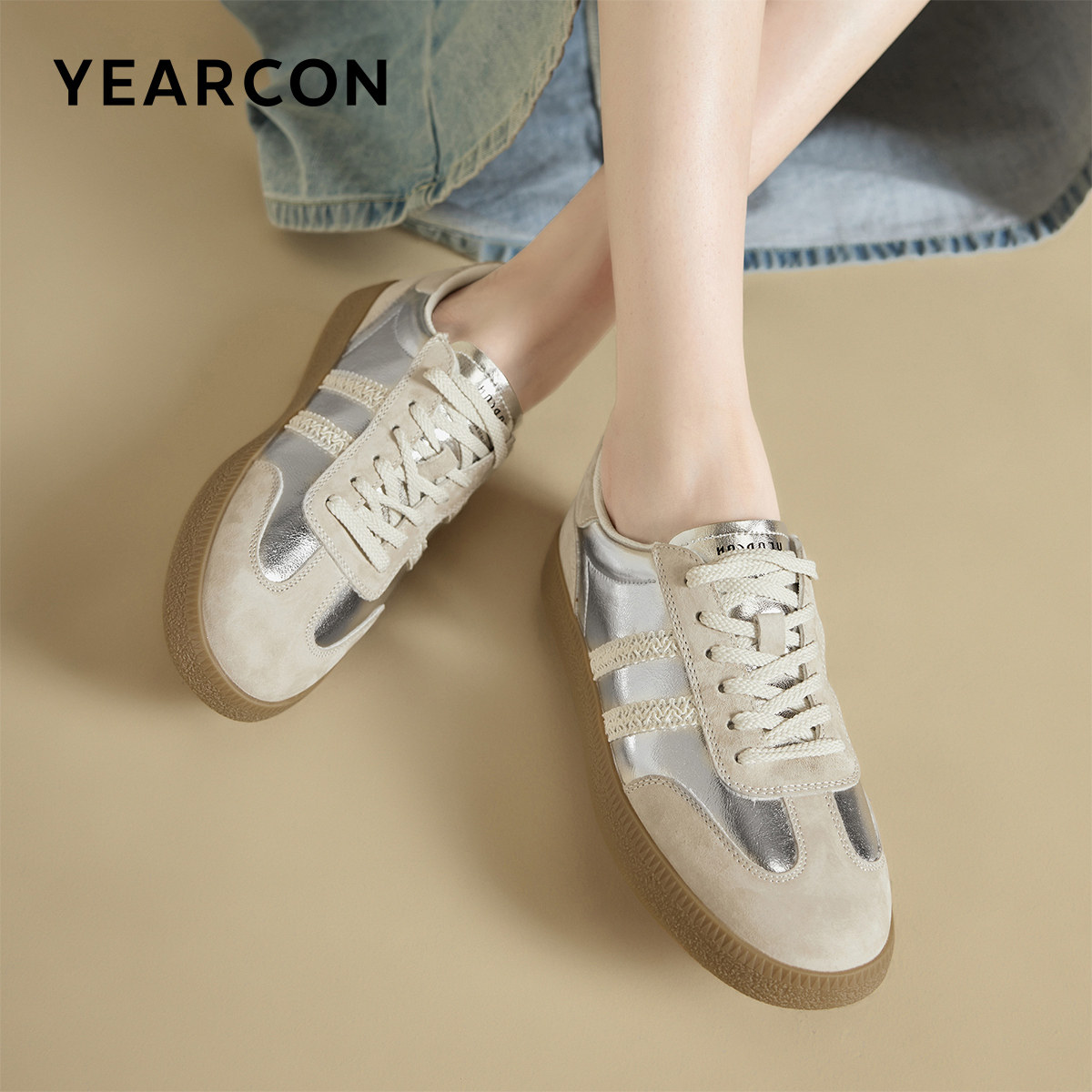 意尔康女鞋春秋皮鞋德训鞋银色平底单鞋女款英伦休闲百搭复古板鞋,淘宝优惠券,粉丝福利购,淘宝优惠卷