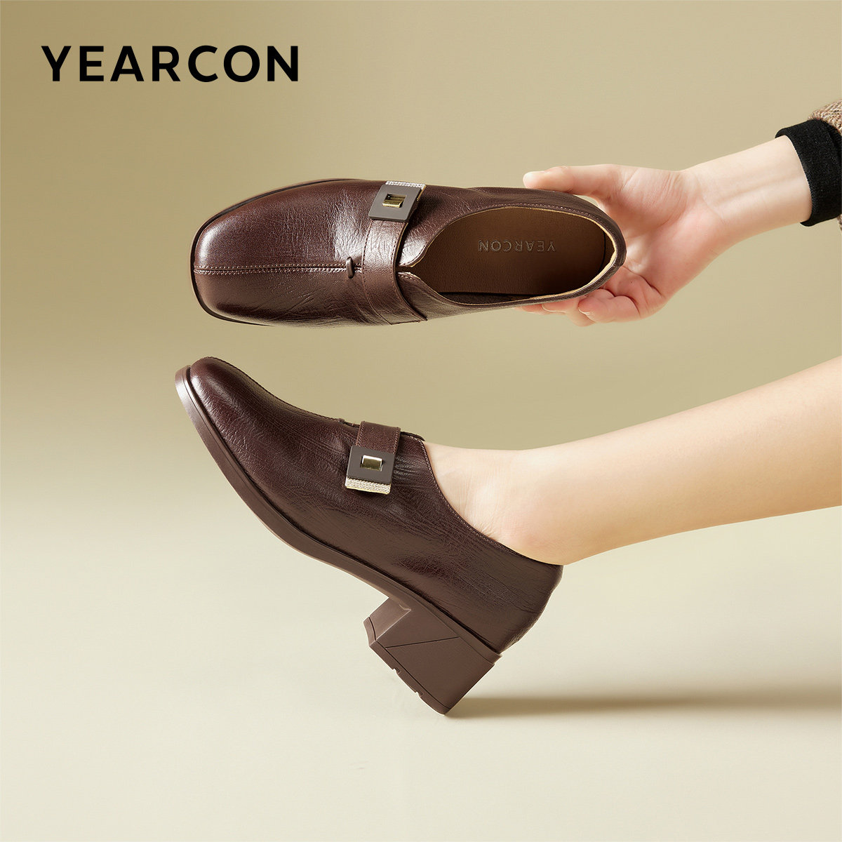 意尔康女鞋春秋季真皮粗跟小皮鞋复古方头气质职业通勤单鞋乐福鞋,淘宝优惠券,粉丝福利购,淘宝优惠卷